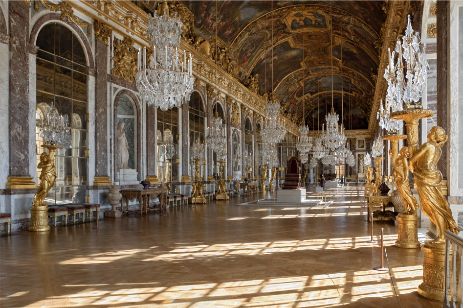 Hall of Mirrors of Versailles Palace: 73 meters long, with 17 mirror-clad arches made of 21 mirrors