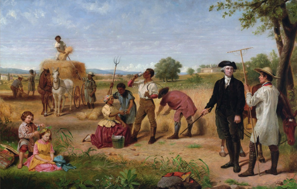 Washington’s simple desire was to return to a commoner’s life in Mount Vernon. However, that wish could not be fulfilled. (Washington as Farmer at Mount Vernon, painting by Junius Brutus Stearns, 1851)